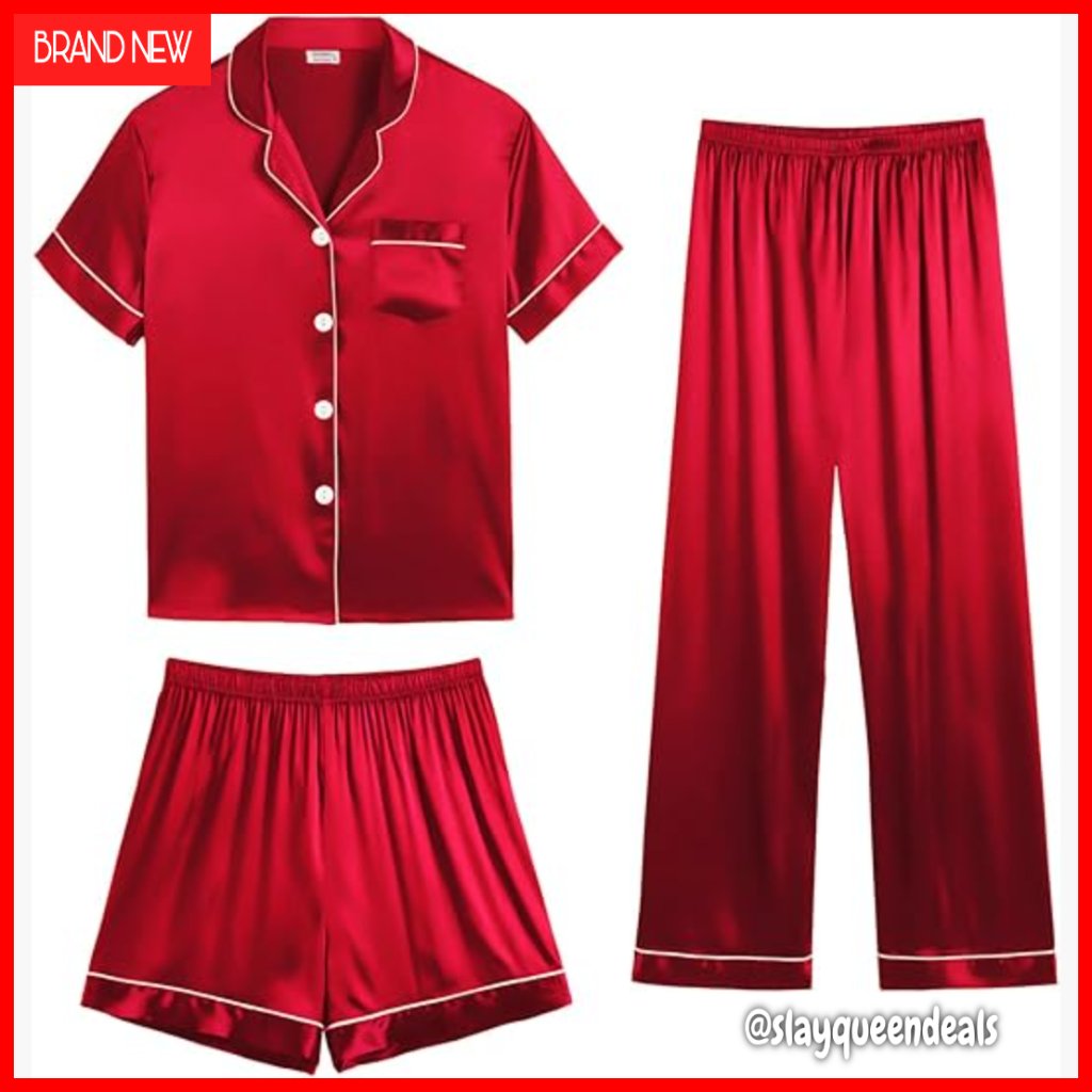 Silk Satin Pajama Set 3pcs Short Sleeve Button Down Lounge Sleepwear